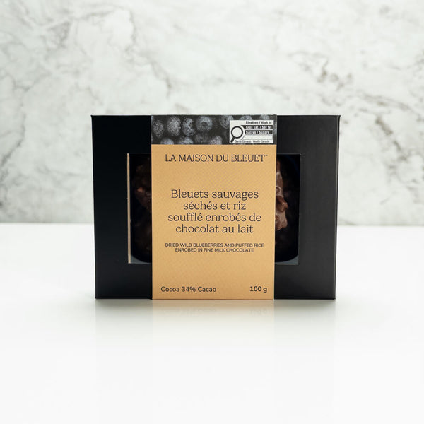 Boite de bleuets sauvages séchés enrobés de chocolat au lait 100g