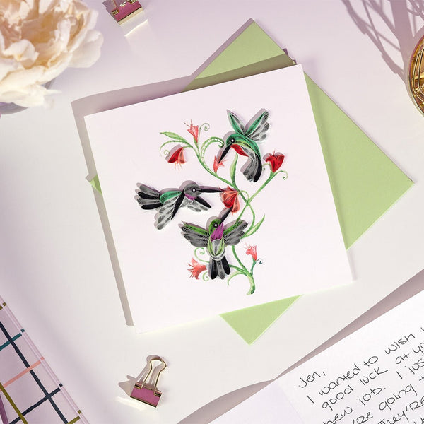 Carte de vœux trio de colibris en papier roulé