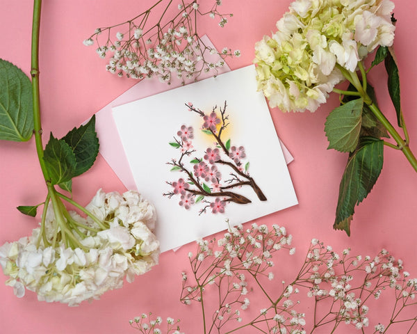 Carte de vœux cerisiers en fleurs quilling