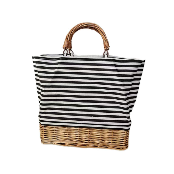 Sac isotherme en tissu rayé et osier avec poignée en osier