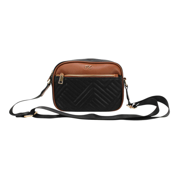 Sac à main Maison Taïga en PVC noir et marron avec motif matelassé en chevrons et bandoulière réglable