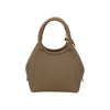 Maison Taïga taupe pebbled leather handbag with a decorative patterned silk scarf tied to the handle