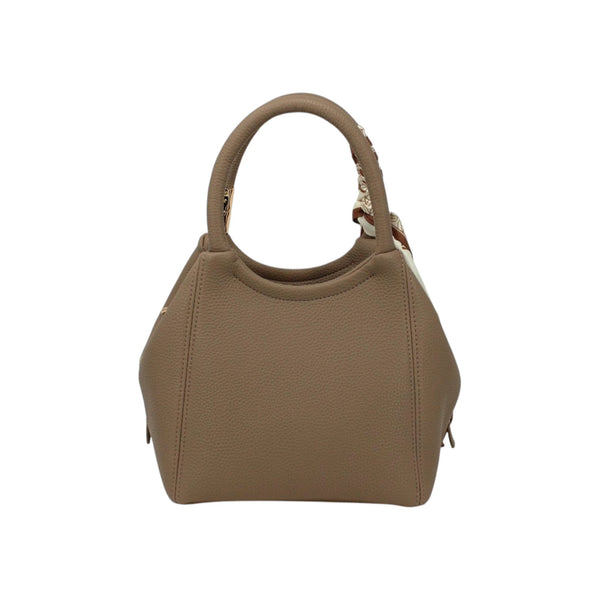 Maison Taïga taupe pebbled leather handbag with a decorative patterned silk scarf tied to the handle