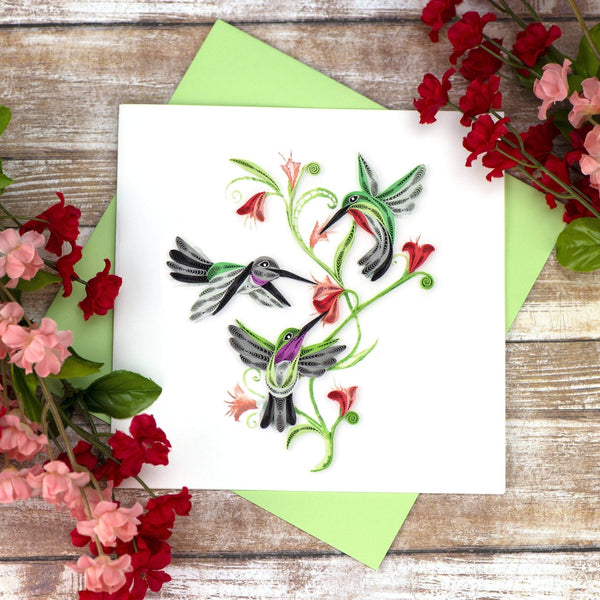 Carte de vœux trio de colibris en papier roulé
