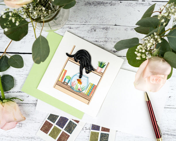 Carte de vœux Chat Espiègle en Papier Roulé