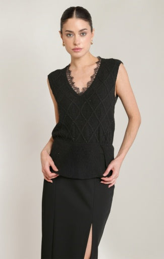 LACE NECKLINE SHIMMER SWEATER TOP