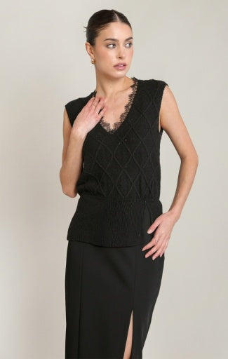 LACE NECKLINE SHIMMER SWEATER TOP