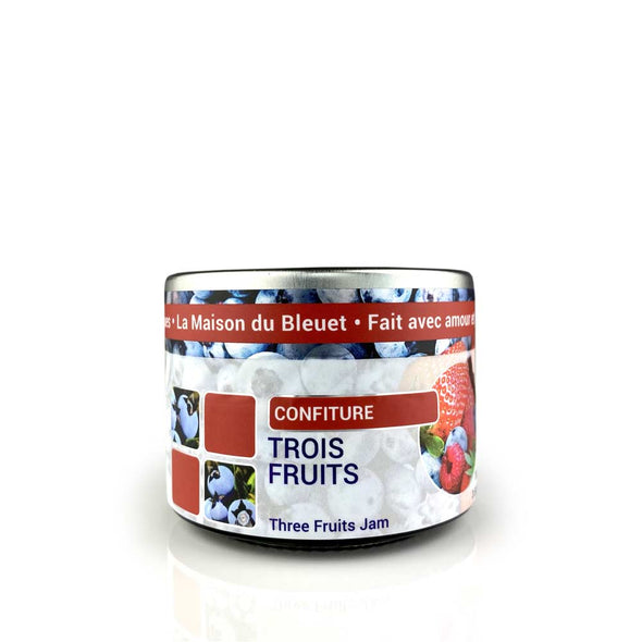 Confiture aux 3 fruits, fraise, framboise, bleuet sauvages, La Maison du Bleuet, 106ml