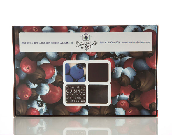 Boîte de Bleuets et de canneberges seches enrobé de chocolat noir 58%, format 160g.