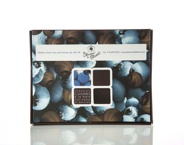 Boîte de bleuets seches au chocolat au lait 34% de La Maison du Bleuet, format 100g.